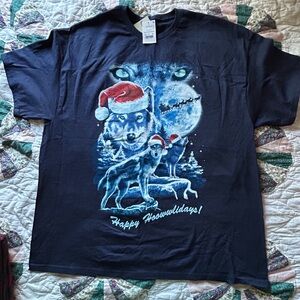 Happy Howlidays Wolves Santa Hat Short Sleeve Navy Blue T Shirt Tee Size 2XL New